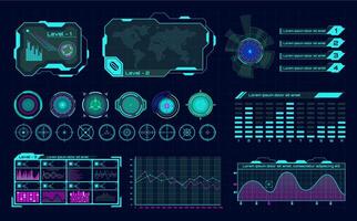 Futuristic hologram ui. Infographic graph interface, virtual hud frames and digital bar regulator, science hologram buttons vector icons set