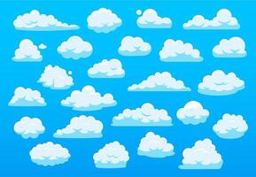 Cute cartoon clouds. Blue sky with cute cartoon cloud, nature white clouds, fluffy cloudscape heaven panorama white clouds of different shape vector illustration set. Overcast elements bundle