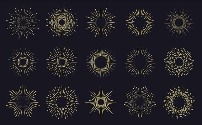 Vintage sunburst frames. Radiant sunburst lines, hands drawn sunbursts badges, firework sparks rays. Radiant star burst isolated vector icons set