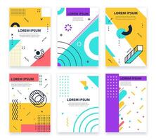 Abstract memphis poster. Graphical minimalistic 80s memphis frame, abstract circle, lines and dots elements, colourful retro geometric invitation isolated vector set. Printable brochure pages design