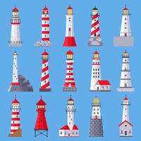 Architectural lighthouse. Sea beacons with searchlight, marine ship navigation towers. Beacon building, lighthouse tower vector illustration set