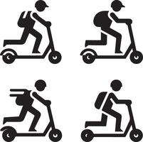 minimal Set of Two wheeled Kick scooter with rider vector icon in flat style 6