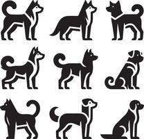 minimal Set of a Dog lay down different pose vector icon in flat style black color silhouette, separated each element, white background 4