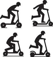 minimal Set of Two wheeled Kick scooter with rider vector icon in flat style 3