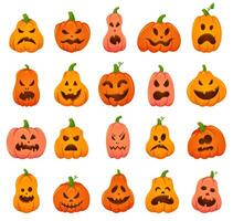 Creepy halloween pumpkins. Cartoon orange pumpkin traditional holiday decoration, scary, spooky face pumpkins vector illustration icons set