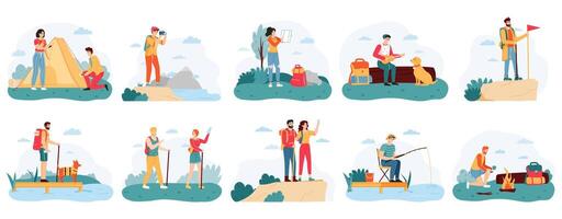 People hikers. Active hiking tourists, outdoor activity camping trip, male and female tourists adventure travel vector illustration set