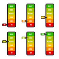 Low bar scale. Satisfaction rate scale, customer satisfaction good and low rating indication, goods levels measure vector illustration icons set