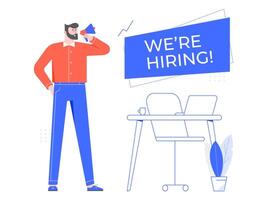 We are hiring. Vacant workplace, team manager hiring new staff and hire employee in office. Headhunter flat vector illustration. Recruiting, HR specialist cartoon character with speaker banner