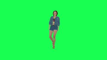 3D animated woman in jeans talking front angle green screen video