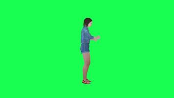 3D woman in jeans walking in street left angle green screen video