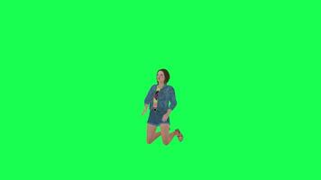 3d tecknad serie kvinna i jeans hasardspel främre vinkel grön skärm video