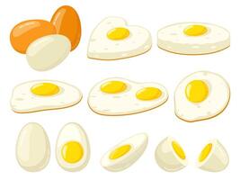 Cartoon cooked eggs. Fried, hard, soft boiled, sliced eggs with yolk, protein breakfast ingredient. Organic farm product vector illustration set