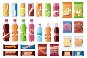 Vending machine snack. Beverages, sweets and wrapper snack, soda, water. Vending products, machine bar snacks vector illustration icons set