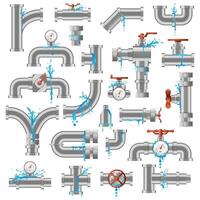 Water pipe leak. Broken damaged metal pipes, pipe leaky crack, industry metal tube pipes damage vector illustration icons set