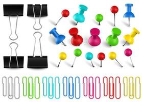 Colorful pushpins and paperclips binders. Color paper clip, red pushpin and office papers clamp. Realistic pins vector set. Multicolored stationery items. School and secretary accessories