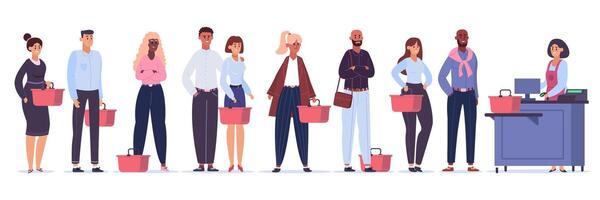 Grocery queue. Shopping characters in store line, crowd waiting for buy in line, grocery shop cashier queue vector illustration