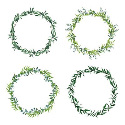 Round leaf borders. Circle green leaves wreath, floral frames, decorative circle invitation. Floral decorations isolated vector icons set