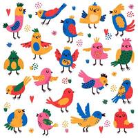 Cute birds. Hand drawn colorful little birds, doodle songbird characters, nature forest bird childish isolated vector illustration set