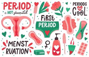 menstruación higiene. hembra menstrual ciclo, períodos higiene, menstrual taza, sanitario almohadilla, tampones mujer crítico dias vector ilustración conjunto