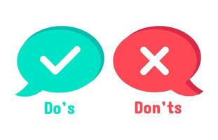 Do and Dont icons. Speech bubble checklist element, yes and no dialogue cloud box. Accept or reject symbol vector icon. Right and wrong symbols. Behaviour rules. Correct and incorrect decision