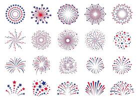 Fireworks 4th July. Celebration festival firecracker, party firework explosion, carnival colorful firework explosions vector icons set