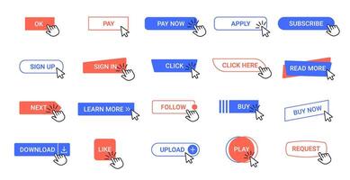 Click button. Web pointer clicking buttons, computer app interface mouse cursor tools. Arrow click ui elements vector isolated icons set