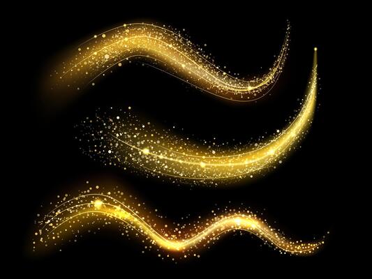 Glitter lighting path. Glowing light sparkles with golden glitter, magic stardust wave and beautiful sparkle light blur trail vector illustration set