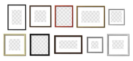 Realistic photo frame. Simple picture frames, square border and photos on wall mockup vector set. Collection of decorative wooden frames. Square and rectangular hanging picture frames