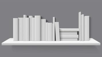 Realistic books on bookshelf. Library, home or school bookshelf, blank books stand in row. Blank book mockups vector illustration