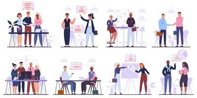 Office workers team. Business meeting, brainstorming and corporate conference, business team characters group isolated vector illustration set