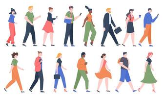 Walking people. Business men and women walk side profiles, people in seasonal and office clothes. Young and elderly moving stylish characters vector illustration set