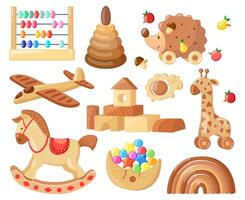 dibujos animados de madera juguetes niños Clásico de madera juguetes para niño juegos y entretenimiento, de madera avión, caballo y ladrillos aislado vector ilustración conjunto