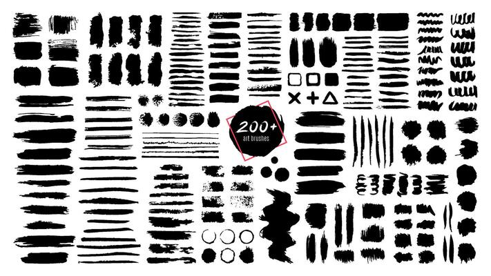 Ink textured brush. Grunge strokes and dirty texture paint splatters. Artistic brush blots, frames and text boxes isolated vector set. Collections of black swatches, stains and smears