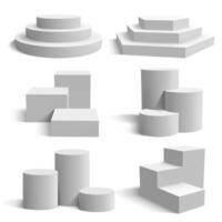 White 3d podium. Realistic pedestal cylinder and round stand stages, geometric 3d presentation platform vector illustration set