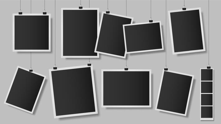 Photos on clips. Photo frame on wall, vintage empty photograph template, hanging scrapbook album snapshot. Retro photo memories isolated vector illustration