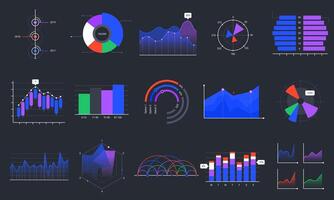 Infographic charts. Colorful data graphs, statistics dashboard chart and analytic presentation graph vector set. Business data visualization, marketing graphic on black background. Sales analysis