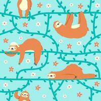 Cute sloths pattern. Lazy tropical sloths hanging on tree, jungle animal characters vector background illustration. Funny rainforest animals