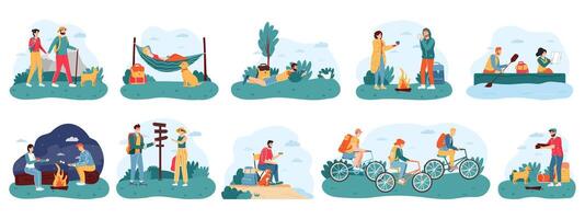 Outdoor activity tourism. Camping and hiking adventure travel, male and female active tourists, nature camping trip vector illustration icons set