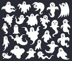 Halloween horror ghost. Spooky scary ghosts, ghost funny cute character, phantom ghostly halloween mascots vector illustration set