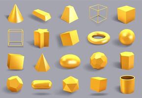 Realistic 3D gold shapes. Golden metal geometric shape, shiny yellow gradient cube, sphere and prism figures vector illustration icons set