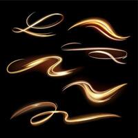 Spiral shining trail. Energy golden flame, glow transparent trails, spiral light effect waves and beautiful light path vector illustration set