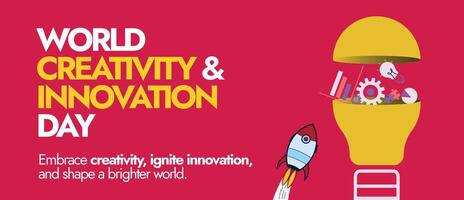 World Creativity and Innovation Day. 21st April World Creativity and innovation day cover banner in dark pink colour with a launching spaceship, bulb in half and icons of gear, book, chart in it. vector