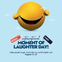 International moment of laughter day. 14th April International moment of laughter day celebration banner with yellow emoji having big smile with no eyes. Speech bubbles of laugh in different languages vector