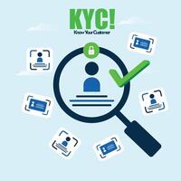 Know you customer, KYC banner. KYC awareness banner with profile identification icon and magnifying glass on it. KYC banner to promote customer identification and verification icons. Vector stock