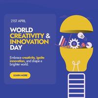 World Creativity and Innovation Day. 21st April world creativity and innovation day celebration banner in purple colour background with a half open light bulb and icons of different things in it. vector