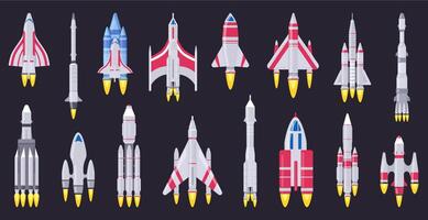 Spaceships vehicles. Space rocket, flying aerospace shuttle, spacecraft ships and ufo ships. Space rocket vehicles vector illustration set