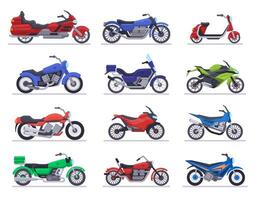 Motorbike models. Motorcycle, scooter and speed race bike, modern moto vehicles, choppers motor transport isolated vector illustration icons set