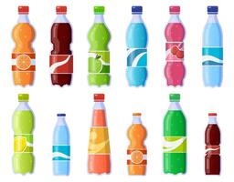 Soda drink bottles. Soft drinks in plastic bottle, sparkling soda and juice drink. Fizzy beverages isolated vector illustration icons set