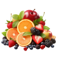 ai generiert frisch Sommer- Früchte mit Apfel, Trauben, Beeren, Birne und Aprikose. auf transparent Hintergrund png