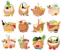 Picnic baskets. Wicker willow picnic baskets with bread, fruits, vegetables and wine. Straw basket full of delish picnic food vector illustrations